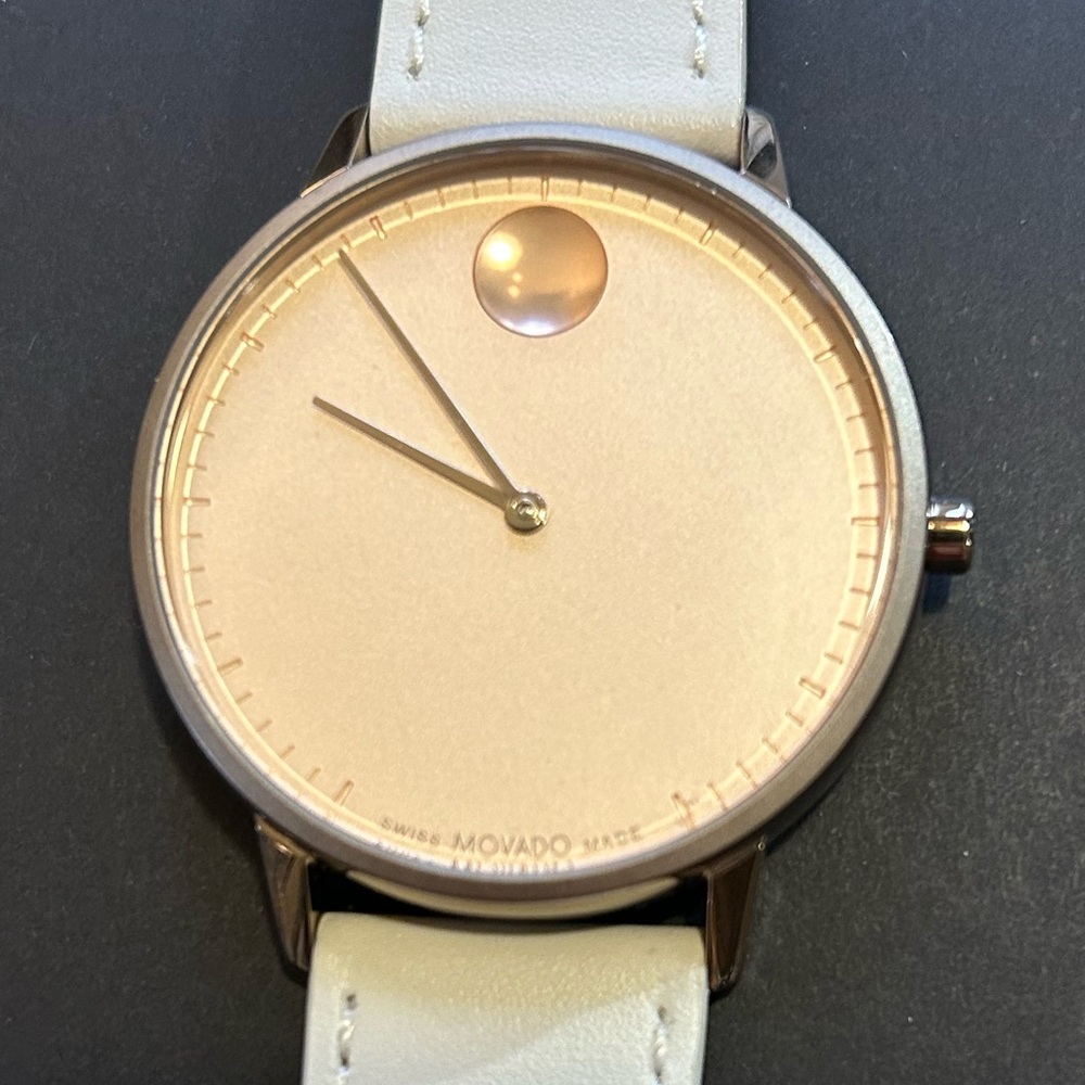 Movado Minimalist Champagne Dial Watch with Cream Leather Strap